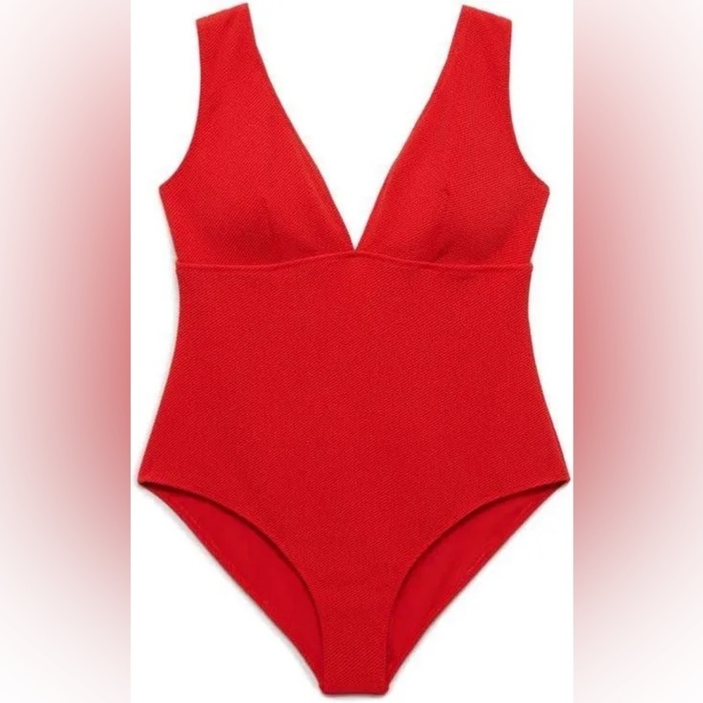 Mango Vneck Rib One Piece Bathing Suit Red Size 2x - Picture 2 of 9